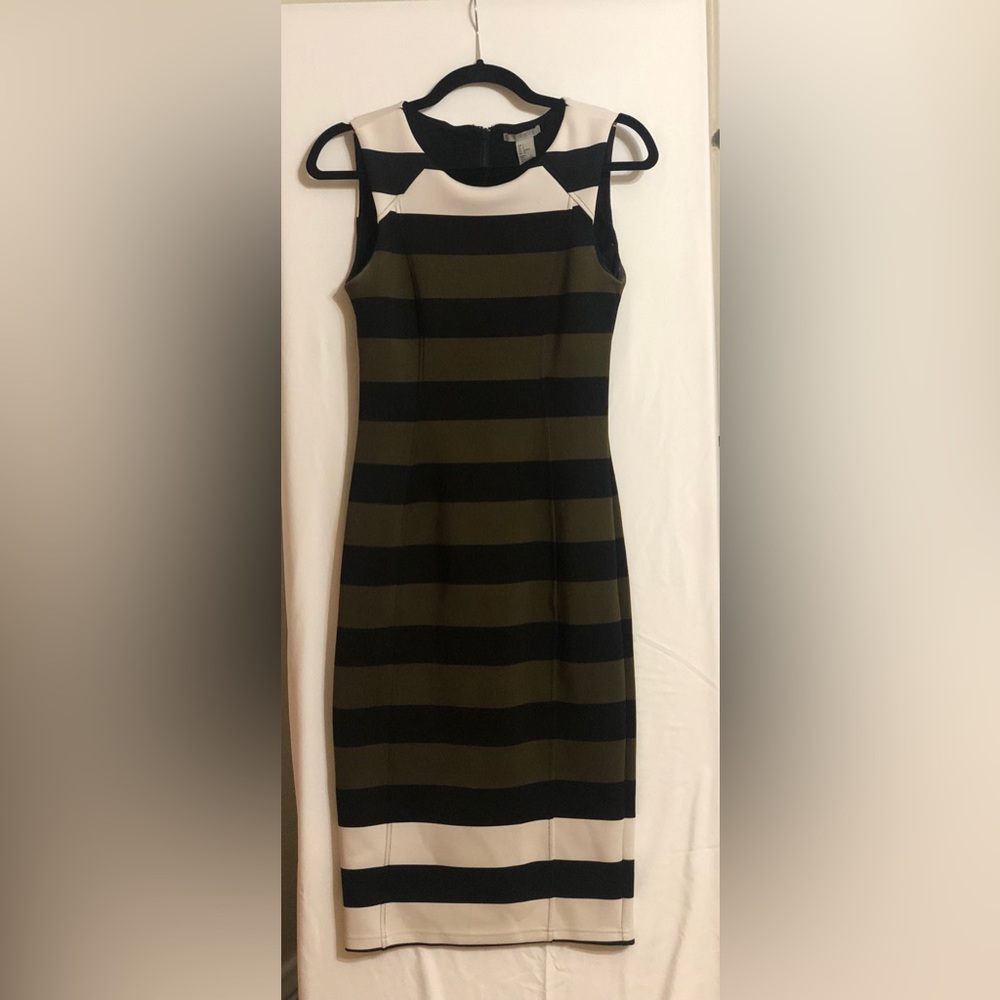 H&M Small Green/Black/White stripe Midi Bodycon Dress